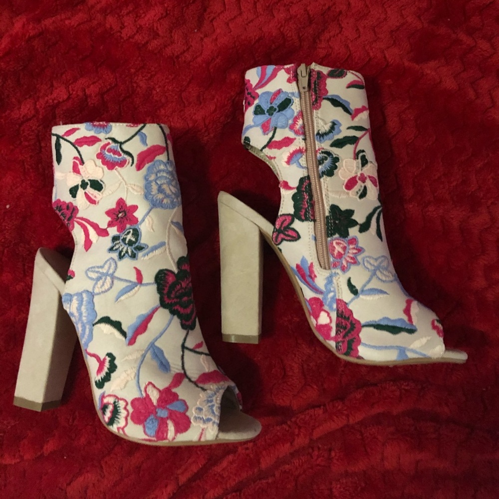 Shoe Republic Suede Embroidered Open Toe Heel